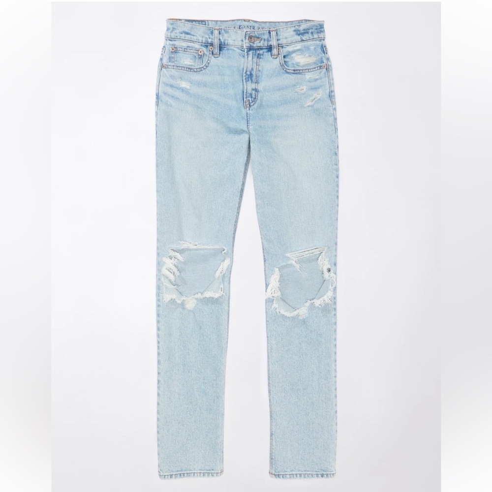 American Eagle Outfitters Light Blue Ripped Straight Leg Jeans - Picture 4 of 14